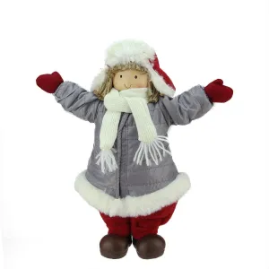 12.25" Cheerful Young Boy Gnome in Gray Puffy Winter Coat and Red Bomber Hat Christmas Decoration