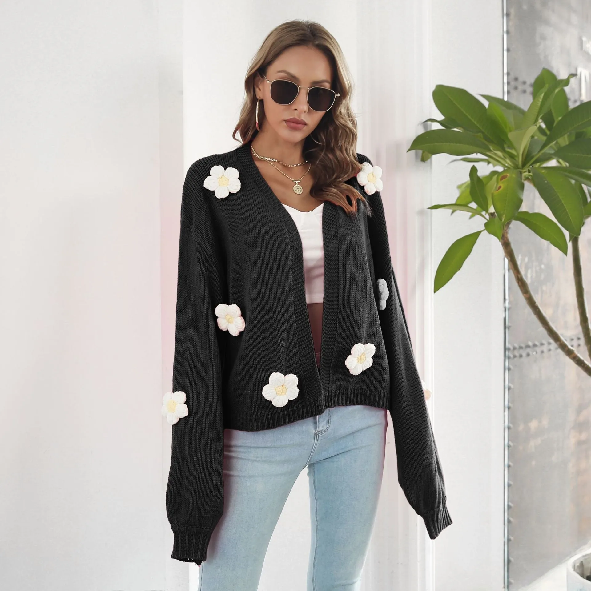 Balloon Sleeve 3D Floral Cardigan