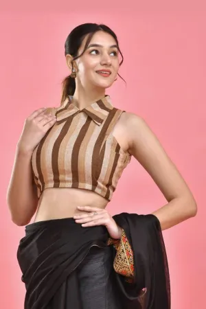 Brown Striped Sleeveless Crop Top Blouse