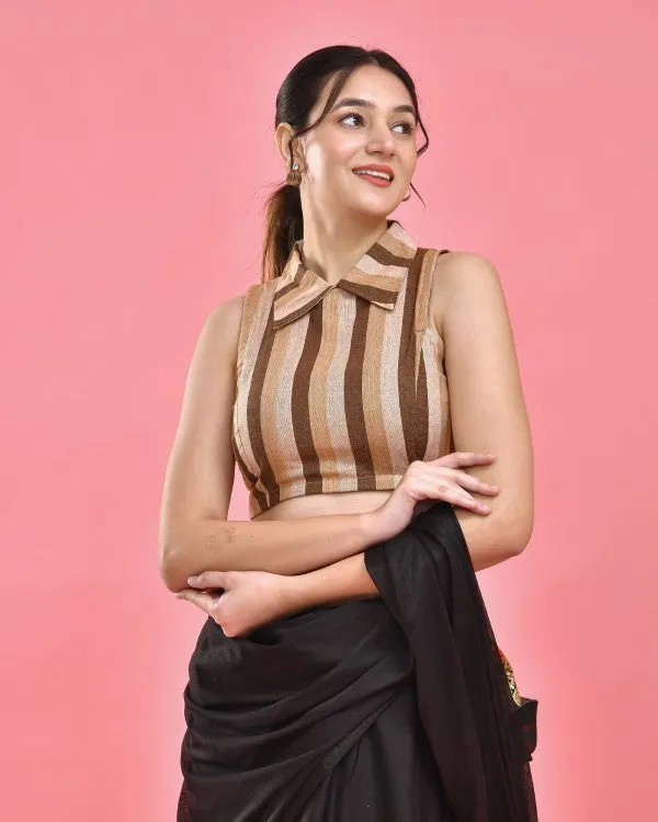 Brown Striped Sleeveless Crop Top Blouse
