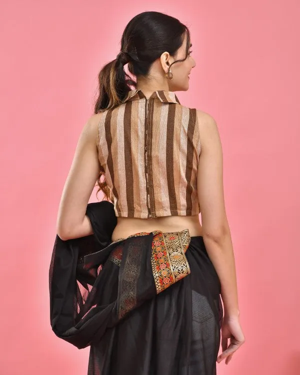 Brown Striped Sleeveless Crop Top Blouse