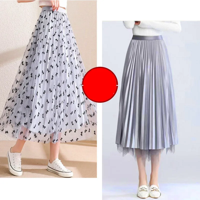 Butterfly Flocking Mesh Half-Length Pleated Skirt