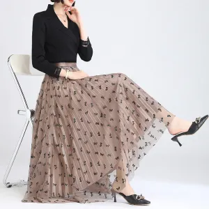 Butterfly Flocking Mesh Half-Length Pleated Skirt