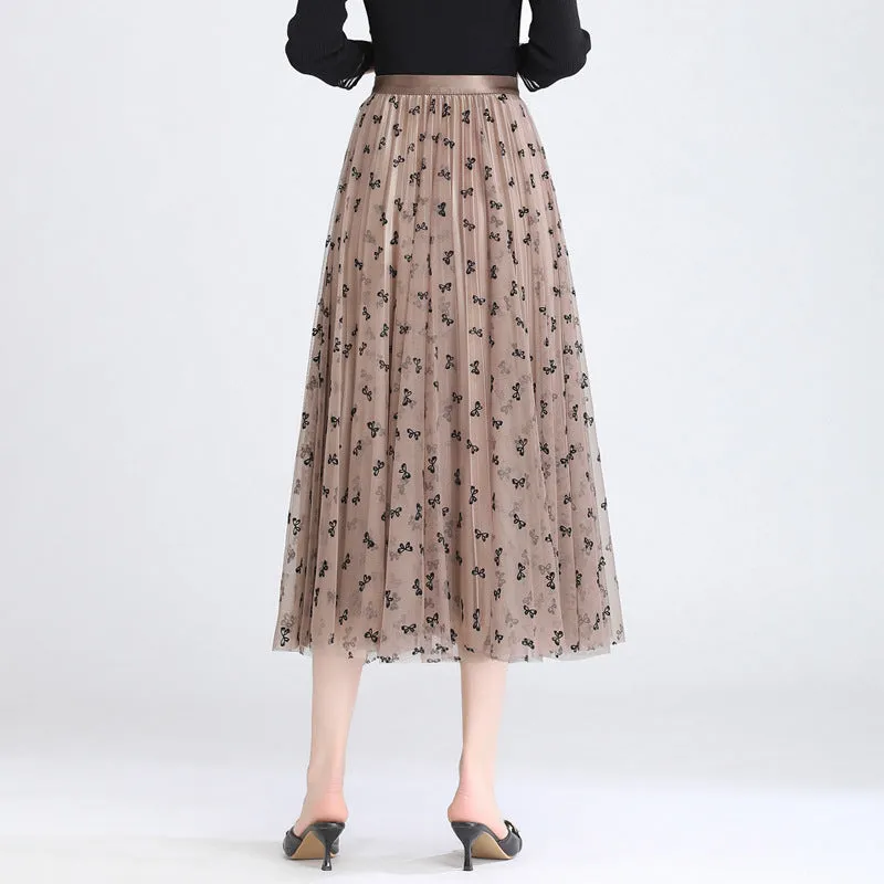 Butterfly Flocking Mesh Half-Length Pleated Skirt