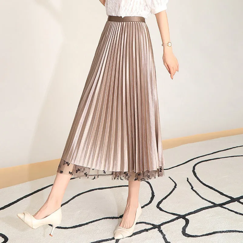 Butterfly Flocking Mesh Half-Length Pleated Skirt