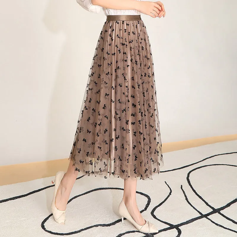 Butterfly Flocking Mesh Half-Length Pleated Skirt