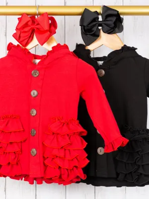 Cotton Ruffle Hooded Cardigan- Black & Red