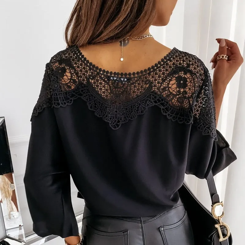 Crochet Embroidery Lace Blouses White Shirts Vintage Elegant Ladies Tops