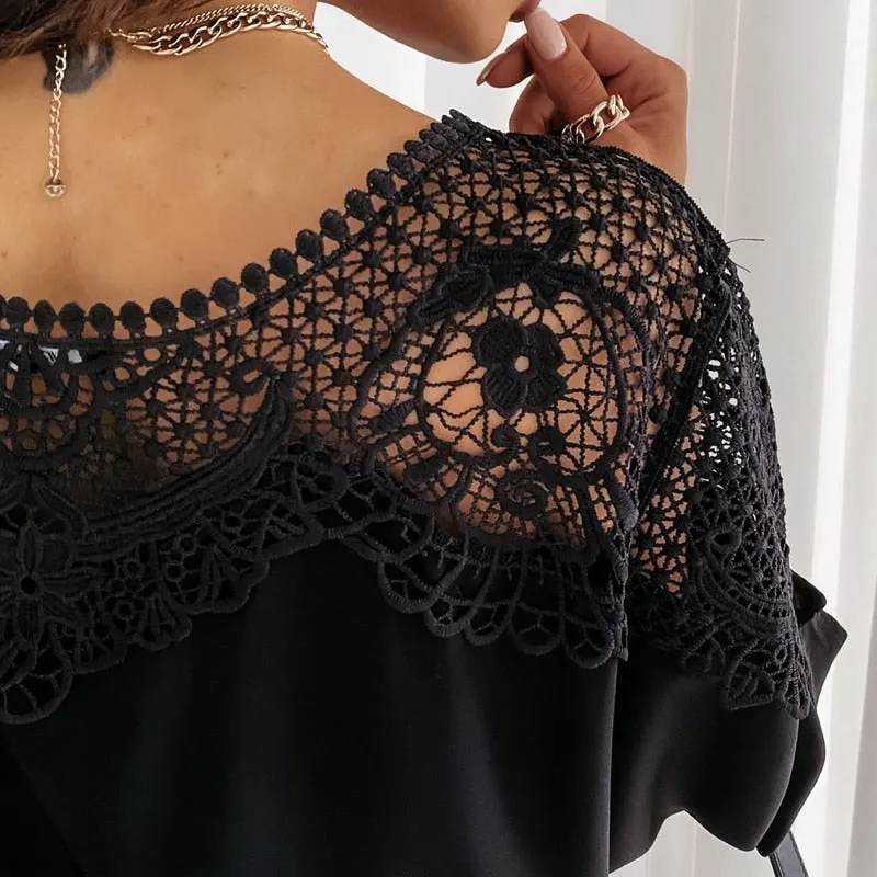 Crochet Embroidery Lace Blouses White Shirts Vintage Elegant Ladies Tops