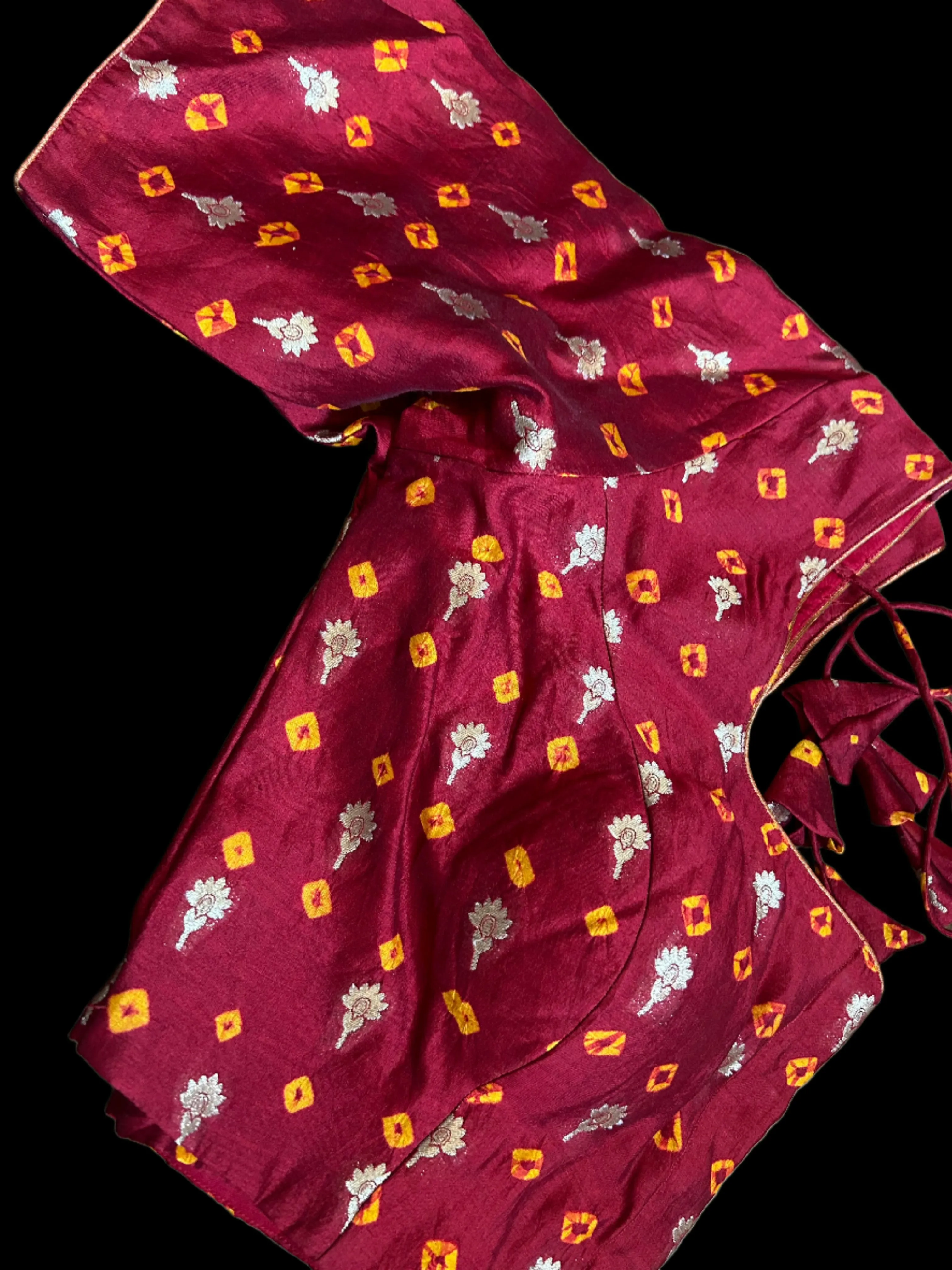 Dark maroon bandhini pure silk blouse yellow dark ready to wear blouse bandhani silk ready to wear online usa silk blouses bandhani blouse online