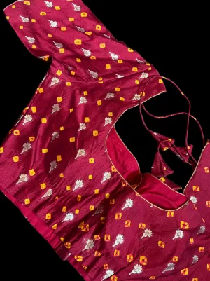 Dark maroon bandhini pure silk blouse yellow dark ready to wear blouse bandhani silk ready to wear online usa silk blouses bandhani blouse online