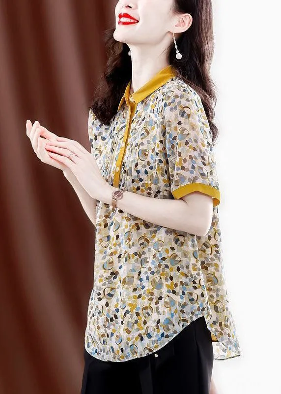 Elegant Yellow Peter Pan Collar Print Wrinkled Chiffon Blouses Summer TH1021