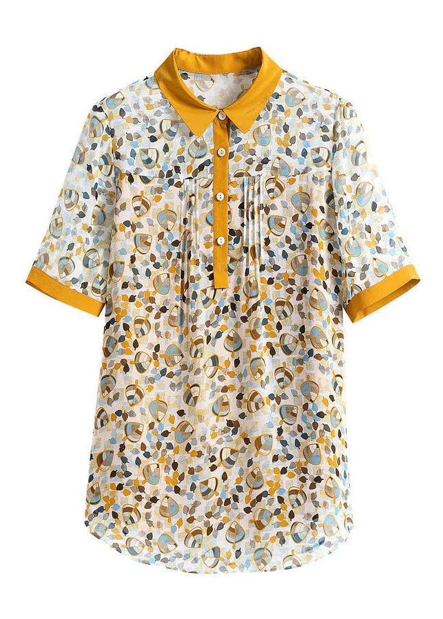 Elegant Yellow Peter Pan Collar Print Wrinkled Chiffon Blouses Summer TH1021