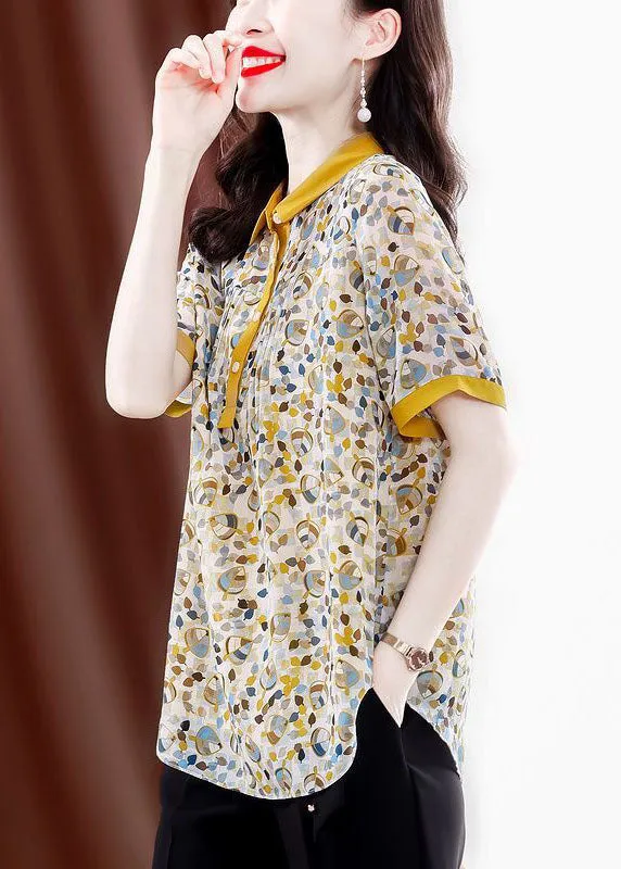 Elegant Yellow Peter Pan Collar Print Wrinkled Chiffon Blouses Summer TH1021