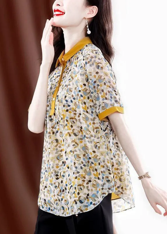 Elegant Yellow Peter Pan Collar Print Wrinkled Chiffon Blouses Summer TH1021