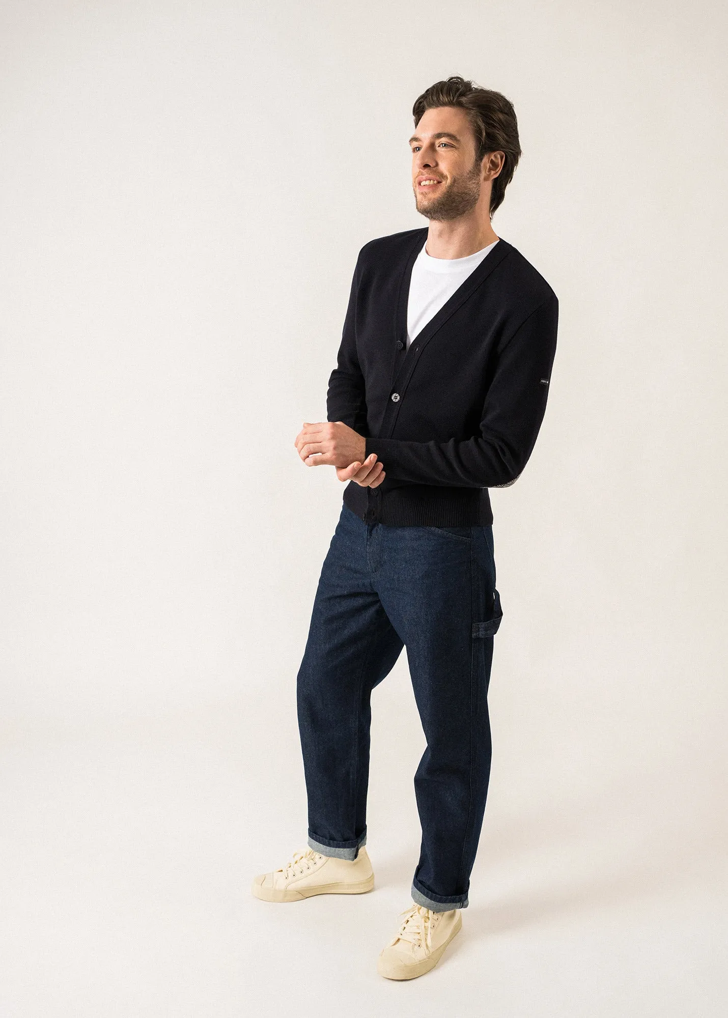 Equipage Wool Cardigan  with elbow patches (NAVY/ECUME)