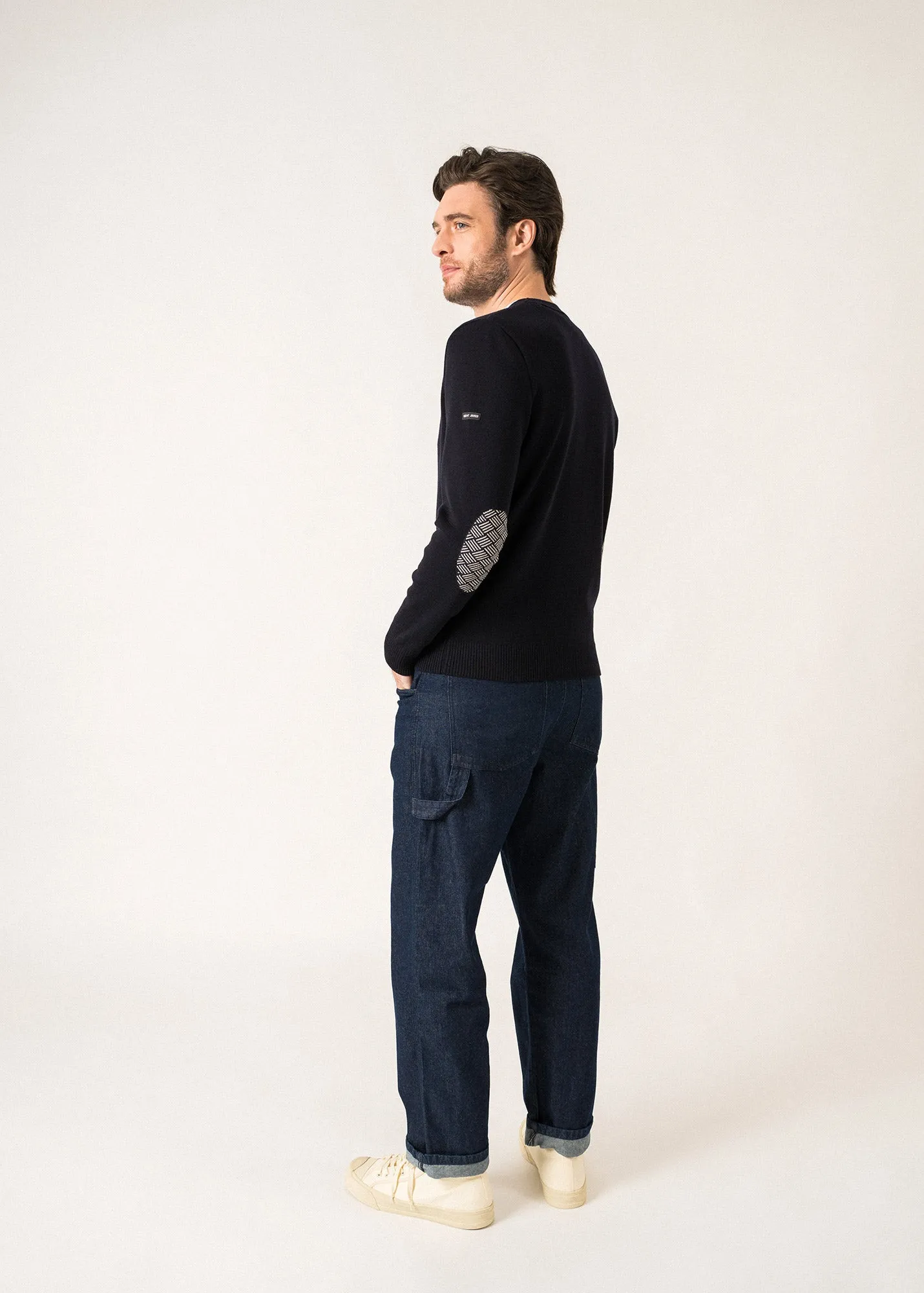 Equipage Wool Cardigan  with elbow patches (NAVY/ECUME)