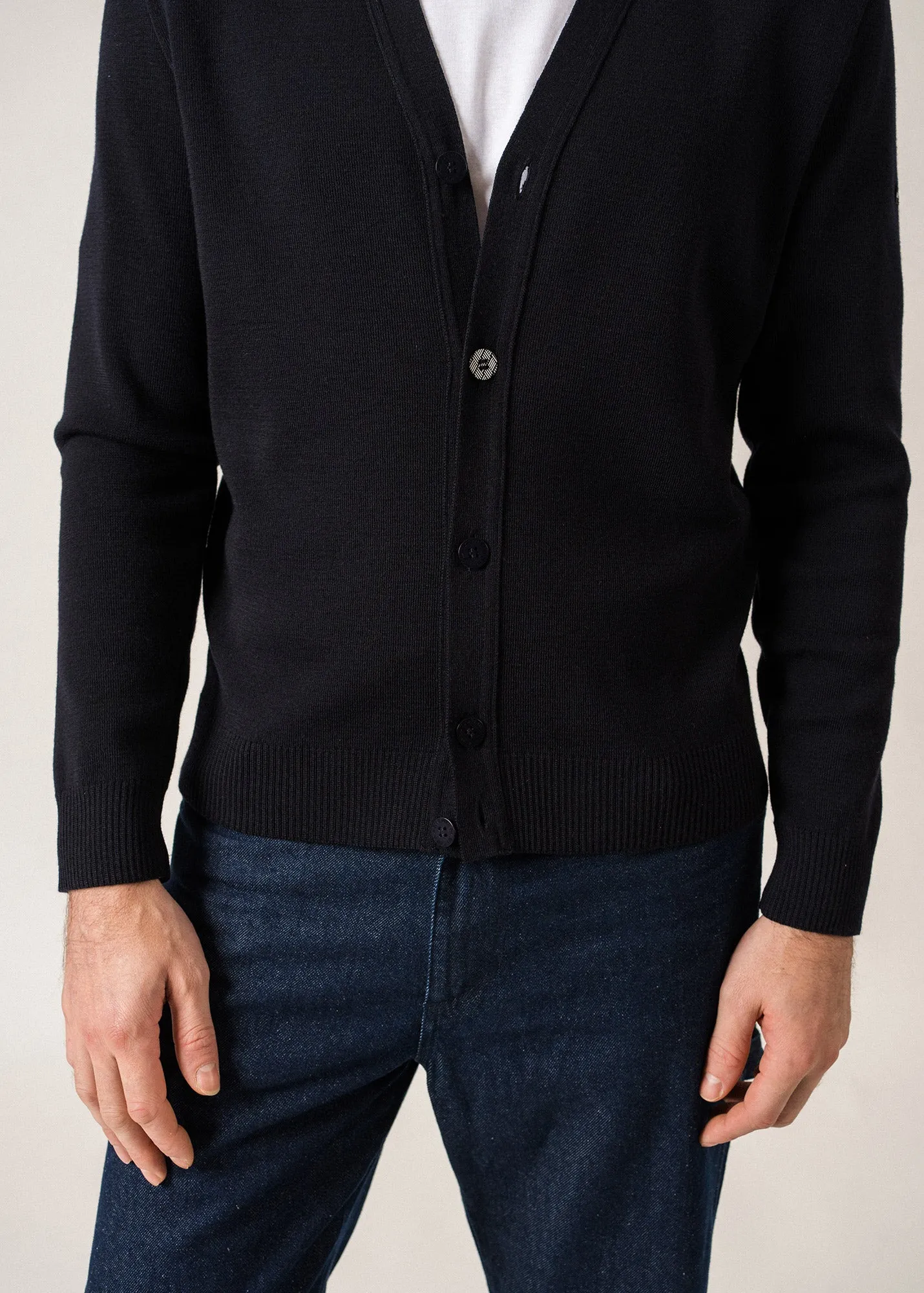 Equipage Wool Cardigan  with elbow patches (NAVY/ECUME)