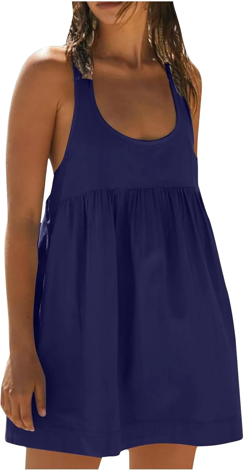 hlysgo Womens Babydoll Dresses Summer Casual Loose Fit Beach Sundress Trendy Sleeveless Crew Neck Mini Dress with Pockets