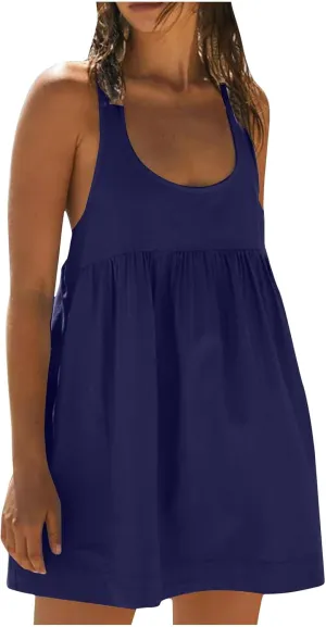 hlysgo Womens Babydoll Dresses Summer Casual Loose Fit Beach Sundress Trendy Sleeveless Crew Neck Mini Dress with Pockets