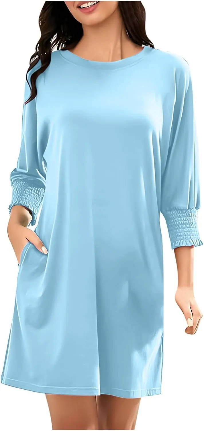 hlysgo Womens Summer Dresses 2025 Trendy 3/4 Sleeve Crew Neck Mini Dress Casual Loose Fit Knee Length Dress for Teen Girls