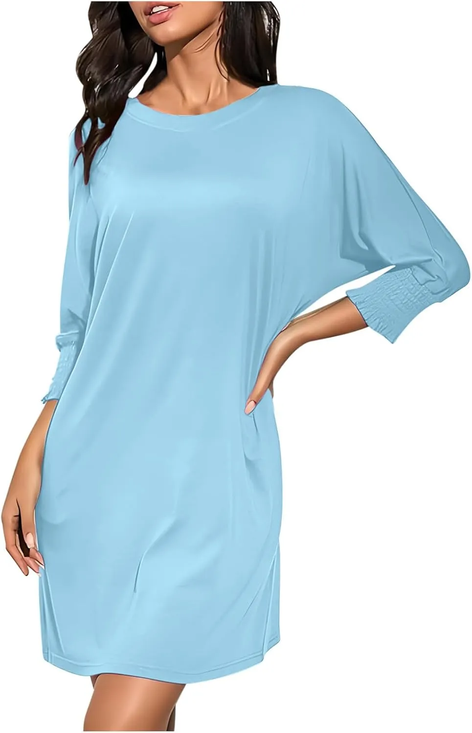 hlysgo Womens Summer Dresses 2025 Trendy 3/4 Sleeve Crew Neck Mini Dress Casual Loose Fit Knee Length Dress for Teen Girls