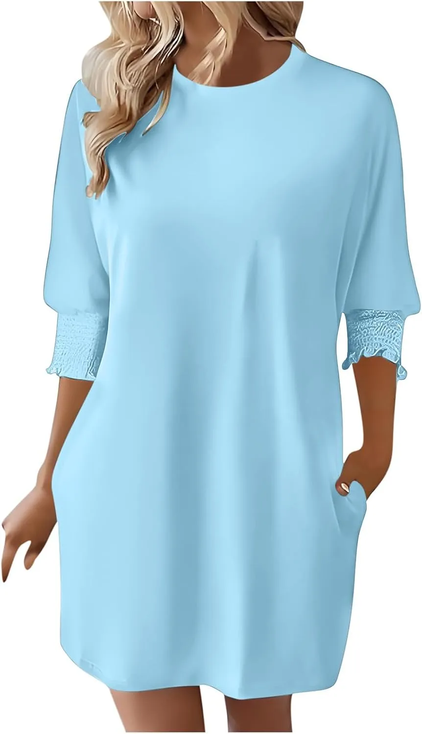 hlysgo Womens Summer Dresses 2025 Trendy 3/4 Sleeve Crew Neck Mini Dress Casual Loose Fit Knee Length Dress for Teen Girls