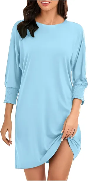 hlysgo Womens Summer Dresses 2025 Trendy 3/4 Sleeve Crew Neck Mini Dress Casual Loose Fit Knee Length Dress for Teen Girls