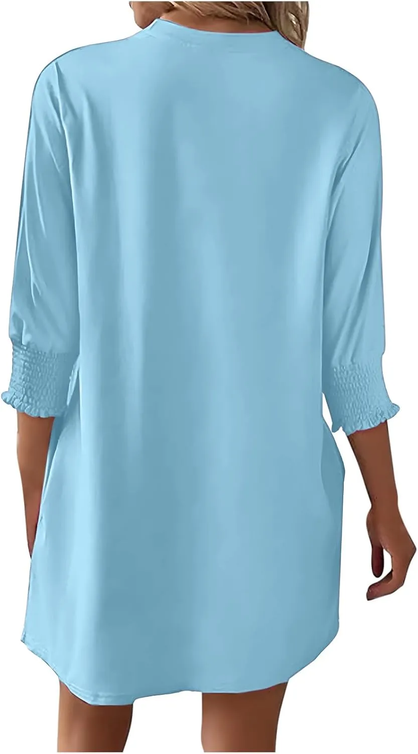 hlysgo Womens Summer Dresses 2025 Trendy 3/4 Sleeve Crew Neck Mini Dress Casual Loose Fit Knee Length Dress for Teen Girls