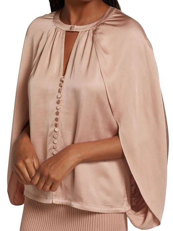 Jonathan Simkhai Satin Crew Neck Audrey Fluid Cape Top, Beige