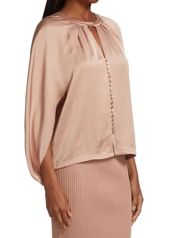 Jonathan Simkhai Satin Crew Neck Audrey Fluid Cape Top, Beige