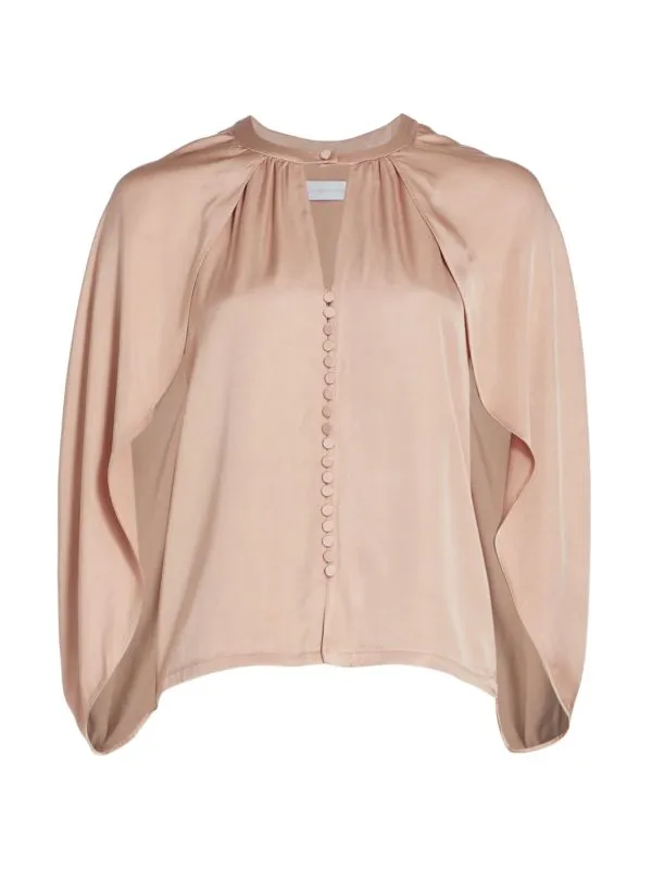 Jonathan Simkhai Satin Crew Neck Audrey Fluid Cape Top, Beige