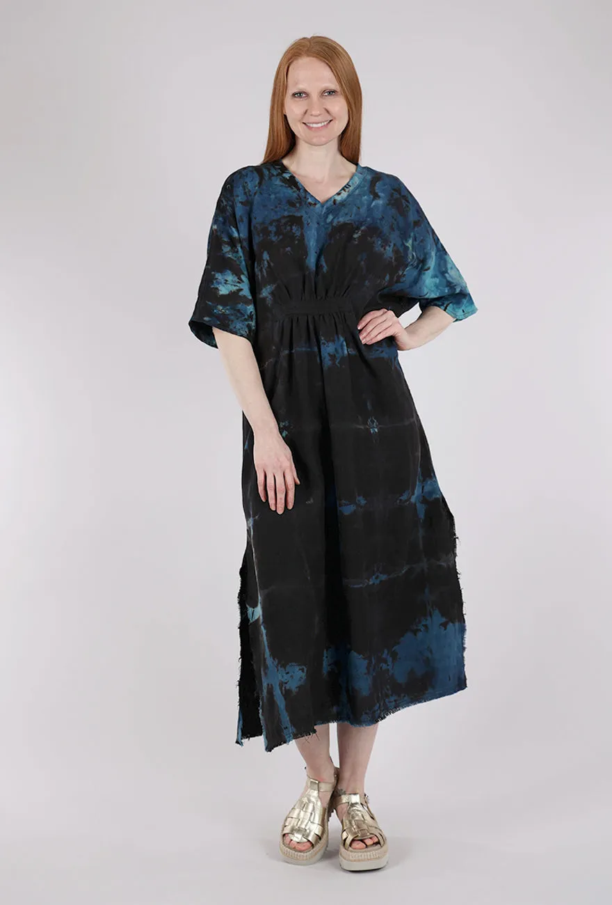 Linen Caftan, Black/Turq