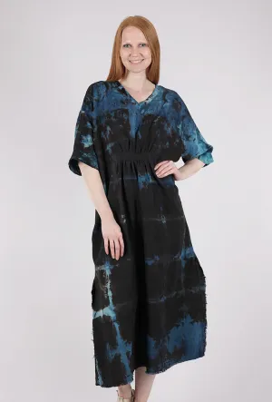 Linen Caftan, Black/Turq