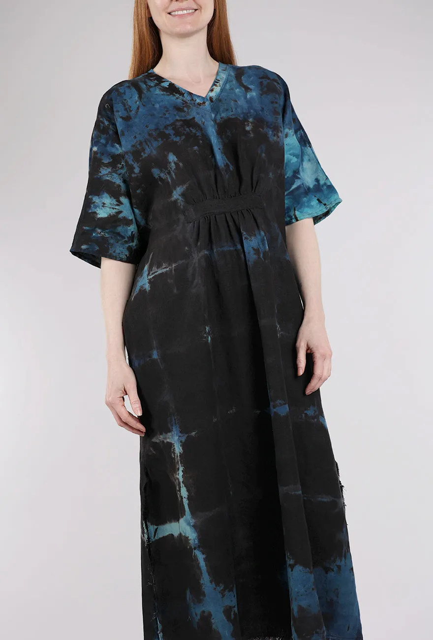 Linen Caftan, Black/Turq