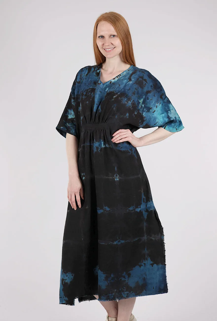 Linen Caftan, Black/Turq