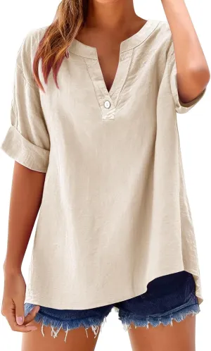 Linen Shirts for Women Summer Work Tops Trendy Plus Size Button Down V Neck Boho Clothes Summer Tops for Women 2025