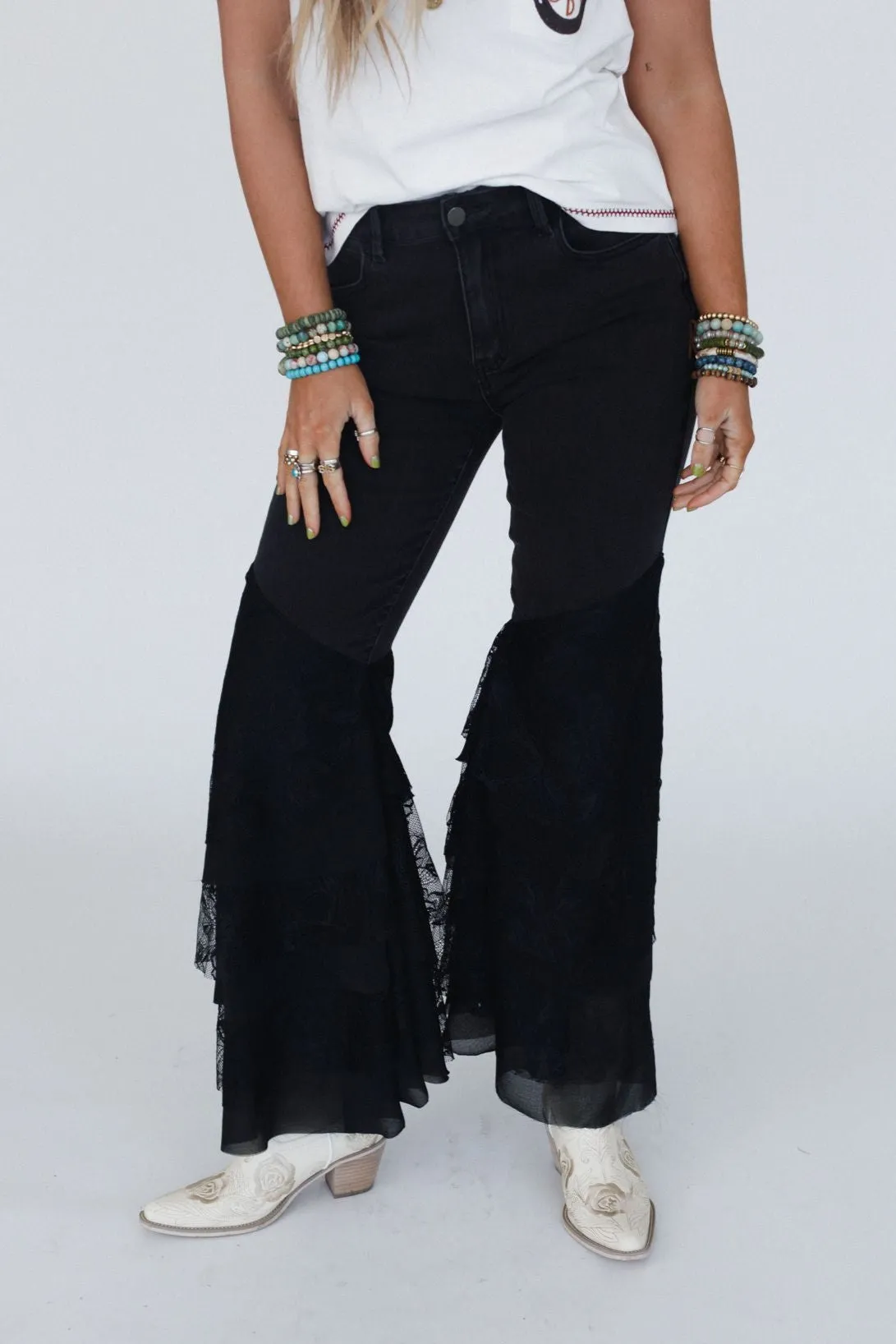 Marbella Lace Flared Jeans - Black