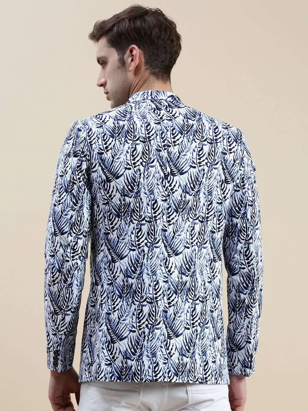 Men Blue Printed Notched Lapel Slim-Fit Single-Breasted Blazer