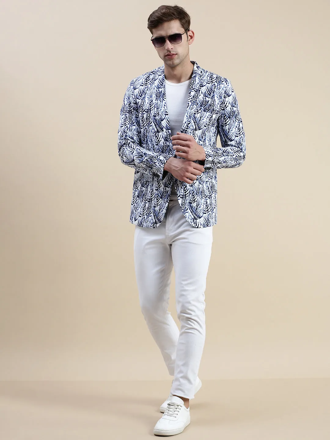 Men Blue Printed Notched Lapel Slim-Fit Single-Breasted Blazer