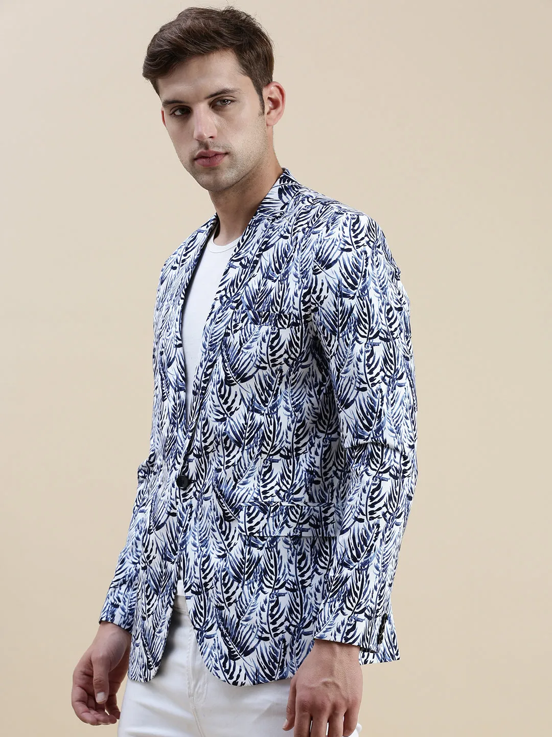 Men Blue Printed Notched Lapel Slim-Fit Single-Breasted Blazer