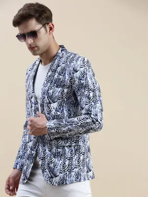 Men Blue Printed Notched Lapel Slim-Fit Single-Breasted Blazer