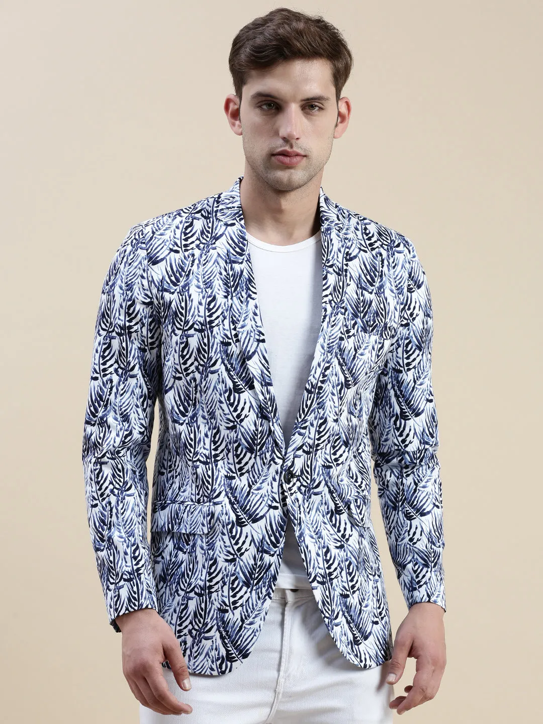 Men Blue Printed Notched Lapel Slim-Fit Single-Breasted Blazer