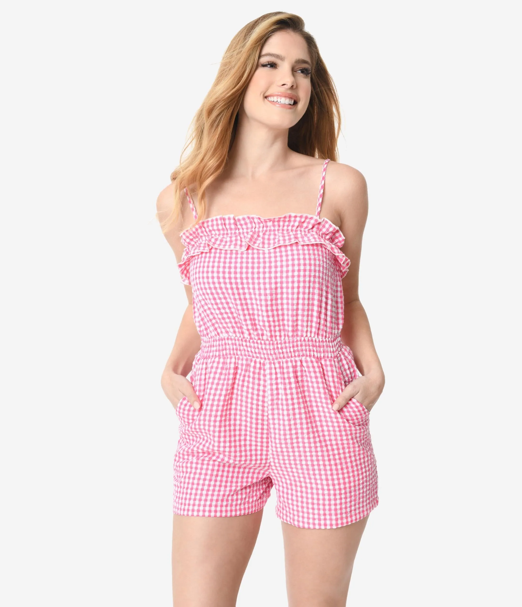 Pink & White Gingham Seersucker Romper