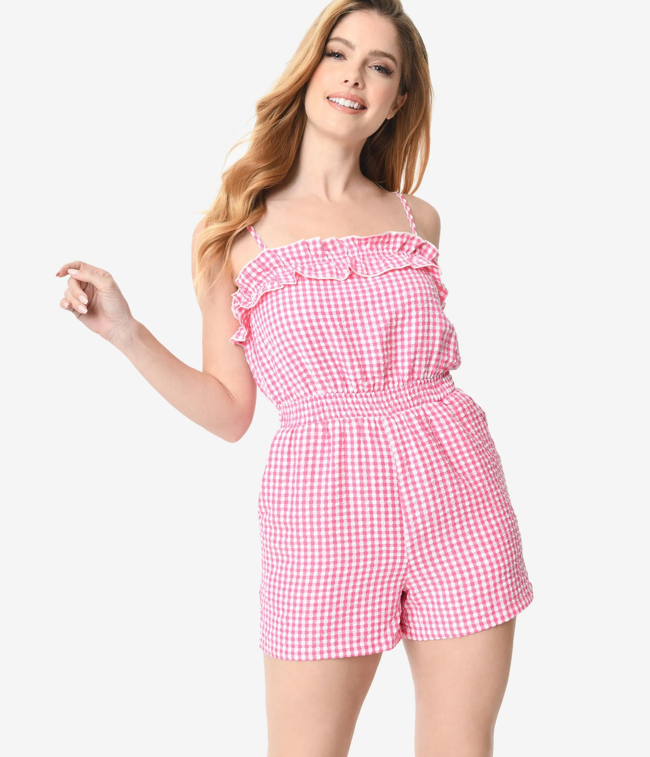 Pink & White Gingham Seersucker Romper