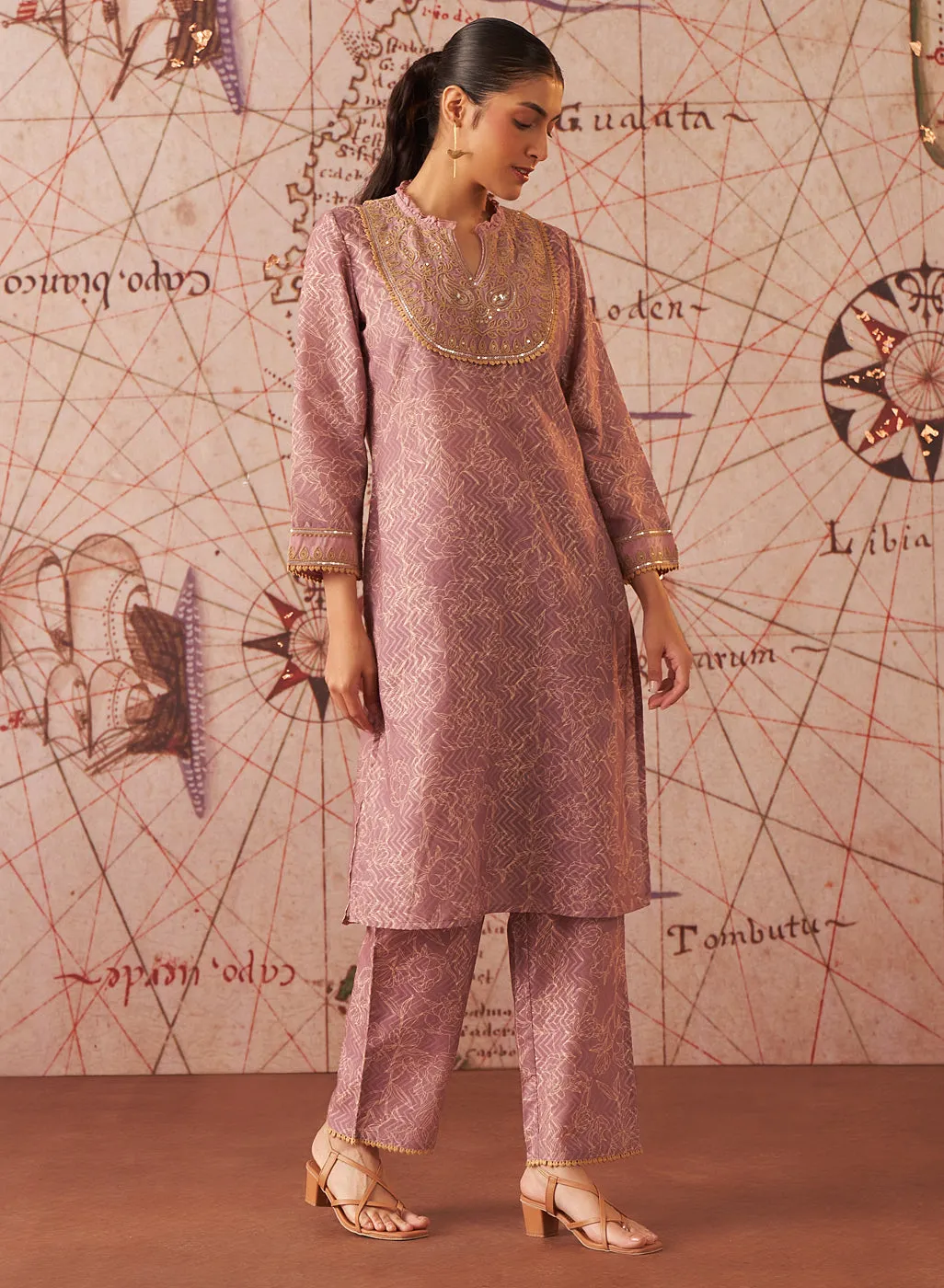 Sama Lavender Printed Cotton Jacquard Co-ord Set for Women