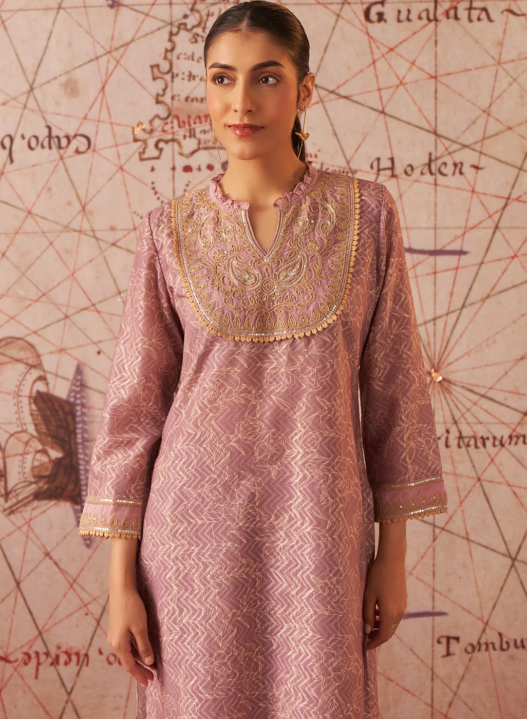 Sama Lavender Printed Cotton Jacquard Co-ord Set for Women