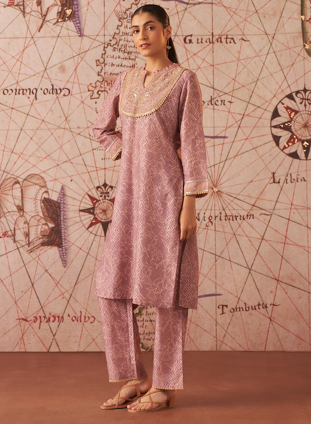 Sama Lavender Printed Cotton Jacquard Co-ord Set for Women