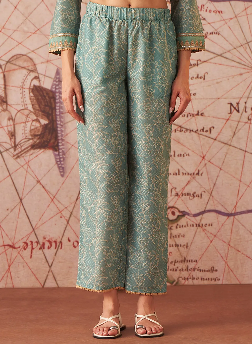 Sama Sea Green Printed Cotton Jacquard Co-ord Set for Women
