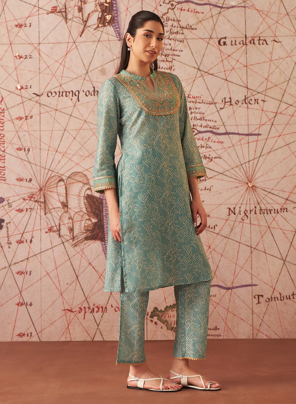 Sama Sea Green Printed Cotton Jacquard Co-ord Set for Women
